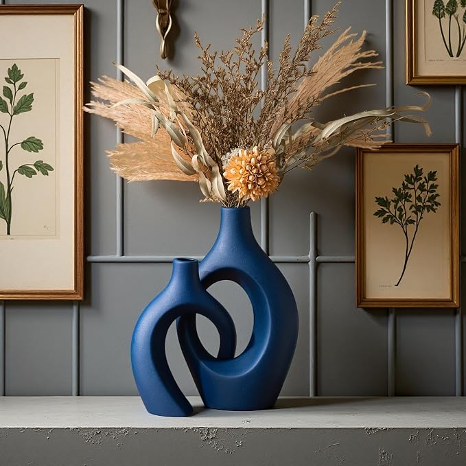 Snuggle Hollow Ceramic Vase Set of 2, 11 inch Modern Nordic Coastal Shaped - Image 5
