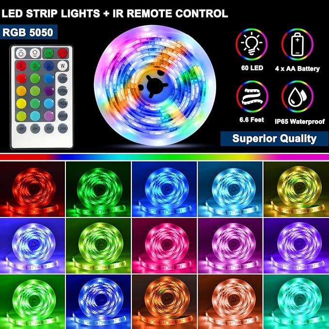 Battery Powered Strip Lights 6.6Ft RGB 5050 Color Changing TV Backlights | LED - Image 3