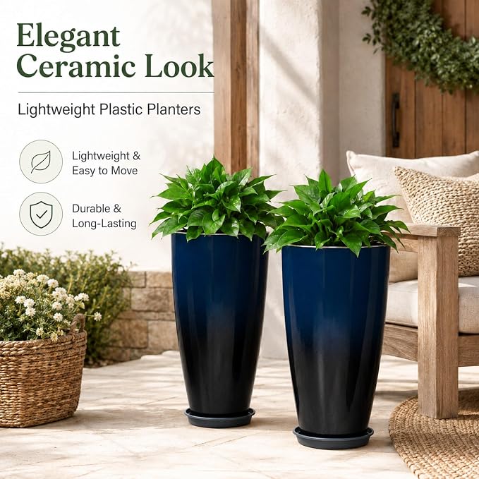 Neoaider Set of 2 Tall Planter, 21 inch Large Plastic Planter, Dark Blue | - Image 2