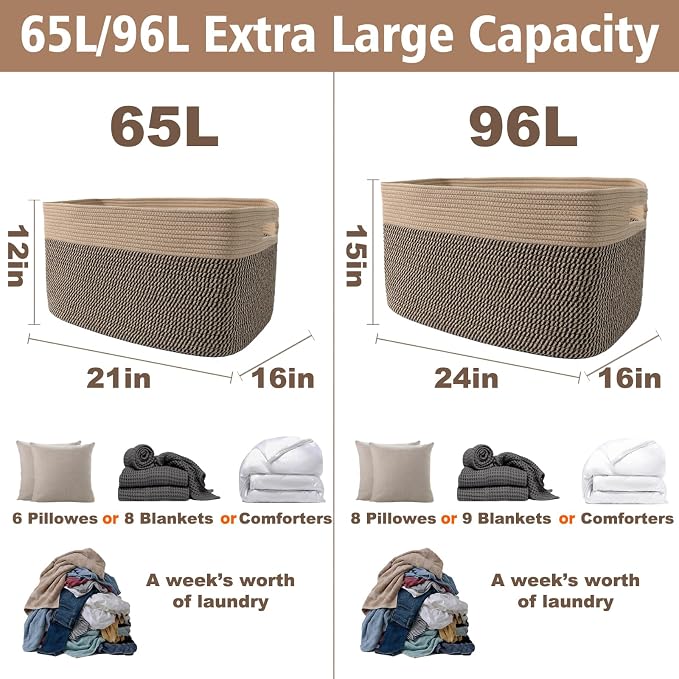 JMvicyroam 65L Large Woven Cotton Rope Blanket Basket, Jute&Black | Blanket - Image 3