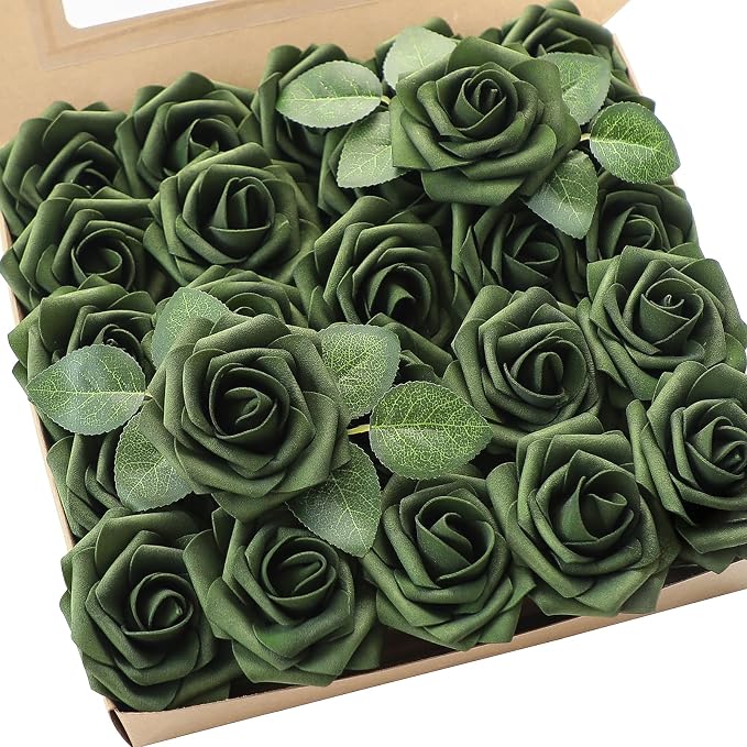 Artificial Flowers 50pcs Real Looking Emerald Green Foam Fake Roses by Floroom