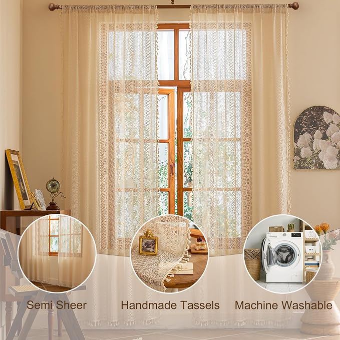 Sutuo Home Beige Lace Boho Curtains - Image 3