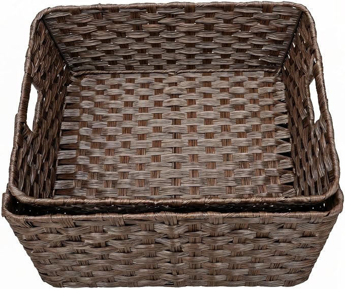 Large 2-Pack Plastic Wicker Storage Baskets, Living Room, Shelf Organization - Image 8