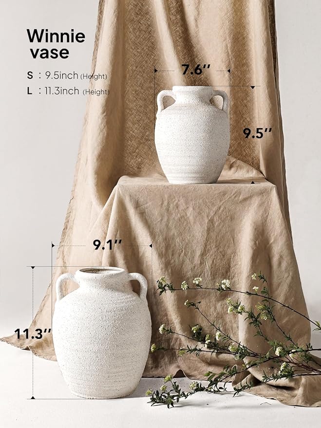 White Ceramic Vase with Handles, Farmhouse Rustic, Gritstone White | Decorative - Image 3