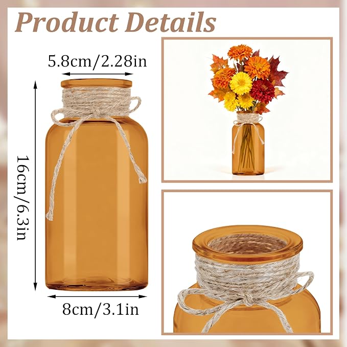 3 Pack Mason Jar Vases for Centerpieces, Amber Glass Flower Vase | Vintage - Image 2