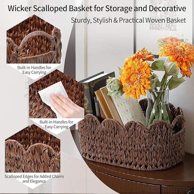 Coeusy Wicker Scalloped Basket Set of 2, Woven Storage Baskets - Image 8