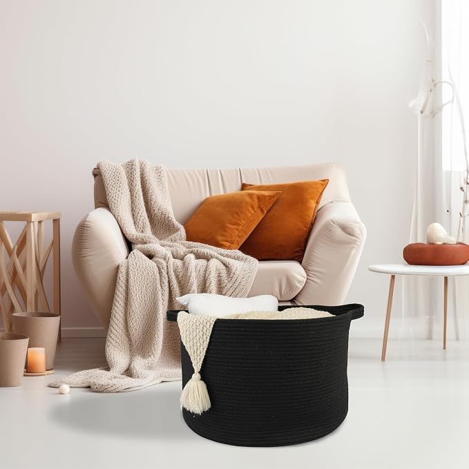 XUANGUO Extra Large Cotton Rope Round Storage Basket 22" x 14" Black | Woven - Image 5