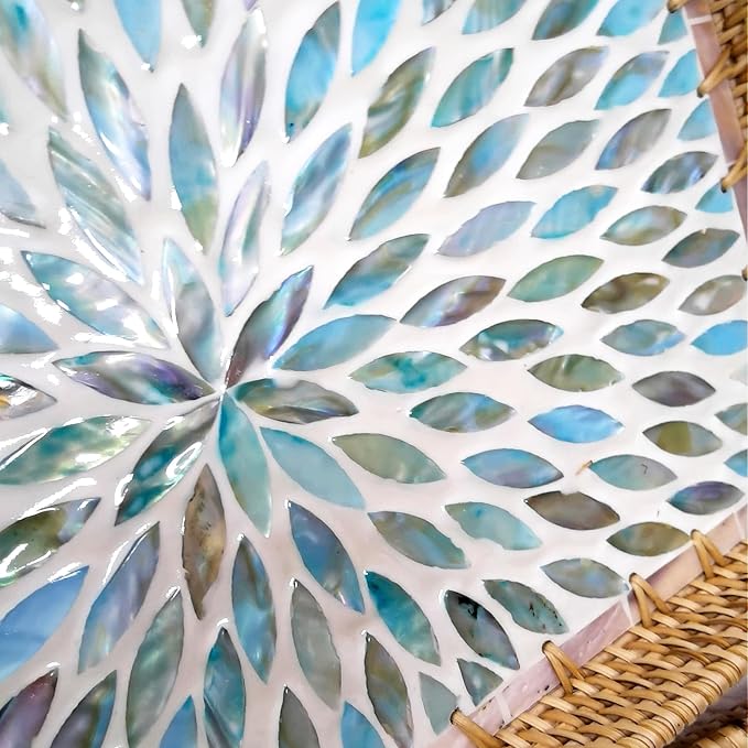 i-lan Set of 3 15" Rectangular Rattan and Mother of Pearl Serving Trays | Blue - Image 5