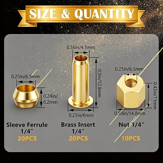 50PCS 1/4" Brass Compression Fittings Assortment kit, Sleeve Ferrule, Nut - Image 2