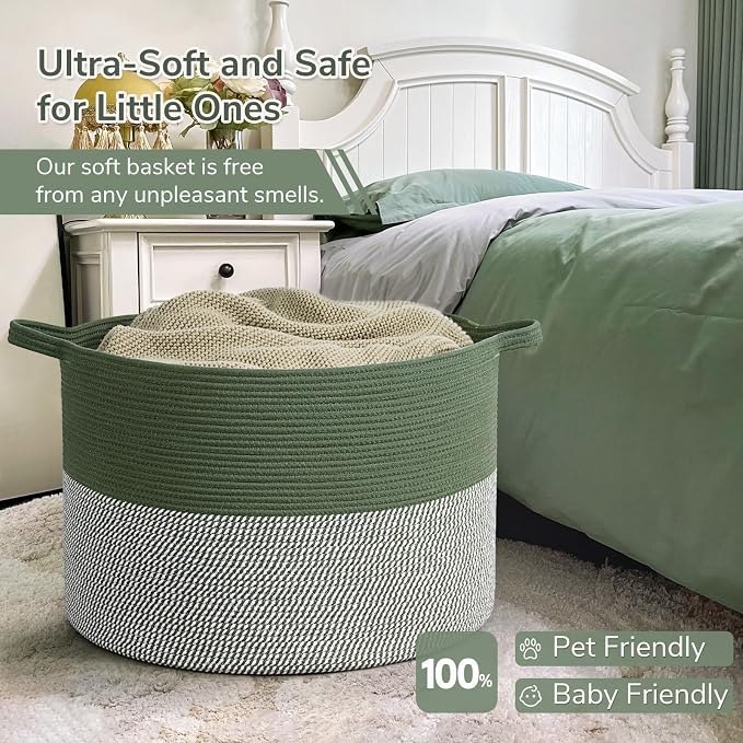 INDRESSME 115L Extra Large Woven Rope Blanket Basket Living Room Green | 23.6" - Image 5