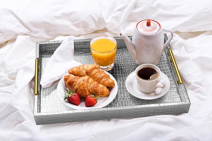 ATZYmolin 17"x12" Leather Serving Tray, Polished Metal Handles, Coffee Table - Image 7