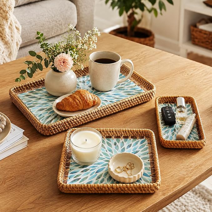 i-lan Set of 3 15" Rectangular Rattan and Mother of Pearl Serving Trays | Blue - Image 2