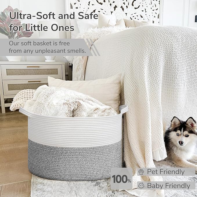 INDRESSME Large Woven Rope Blanket Basket Living Room Light Grey, 65L | 19.7" x - Image 5