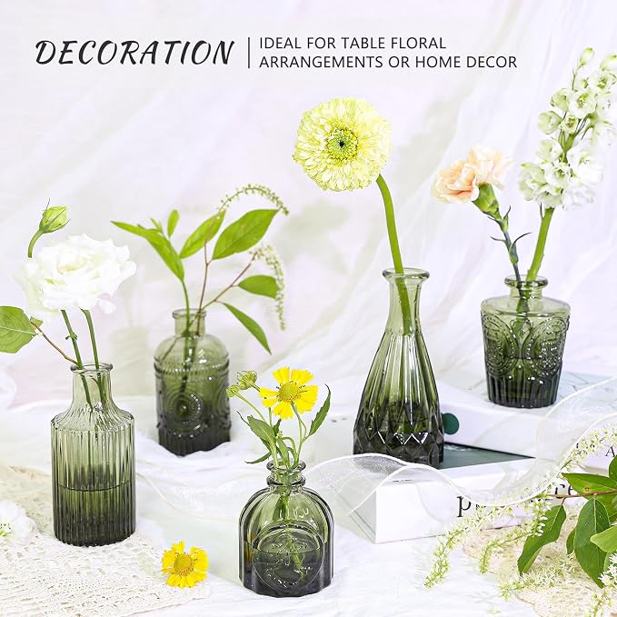 SUPMIND Glass Bud Vase Set of 5, Small Green Flower Vases - Image 5