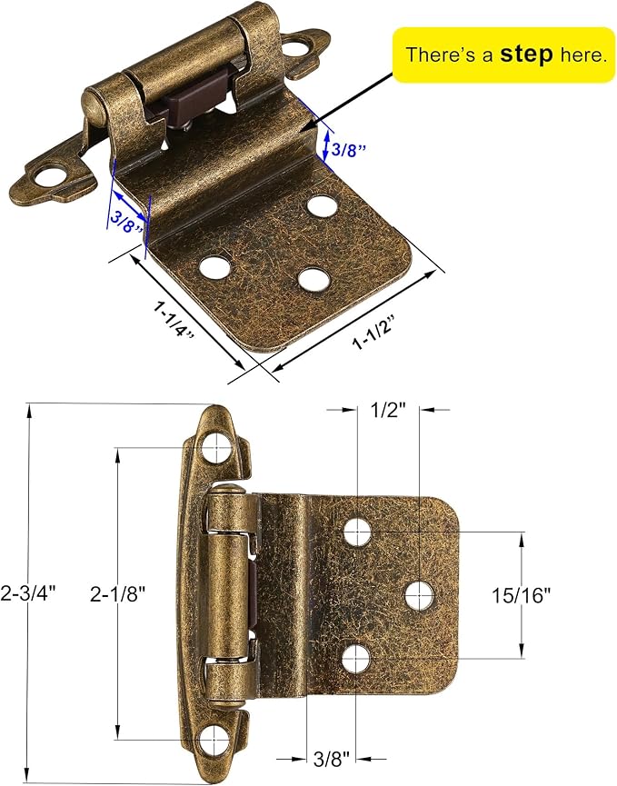 Antique Brass Cabinet Hinges, 3/8” Inset, 10 Pack | - Image 2