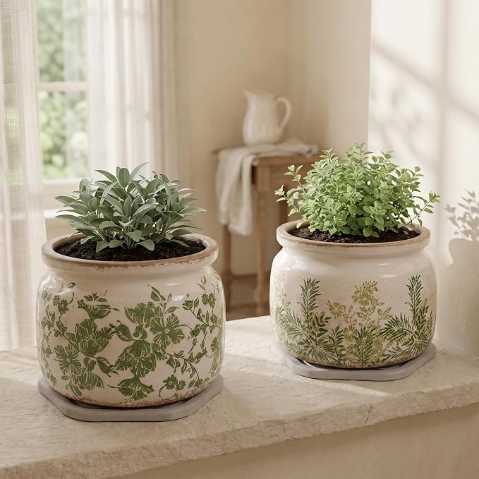 Tuscan Ceramic Planter with Decorative Tray, Plant Lover Gifts - Image 6