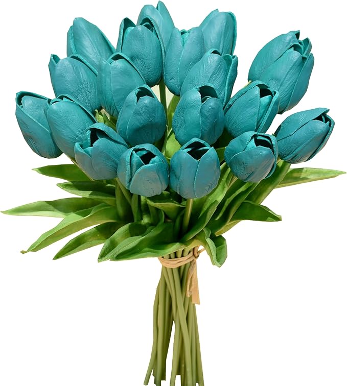 Mandy's 20pcs Artificial Teal Tulips | 13.5 Inch Lifelike PU Tulips Faux Floral by Mandys