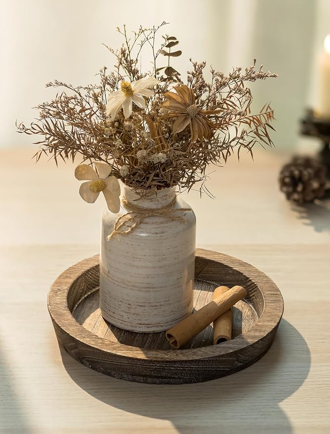 Hanobe Round Wood Candle Holder Trays, Small Coffee Table Centerpiece, 7.8" | - Image 4