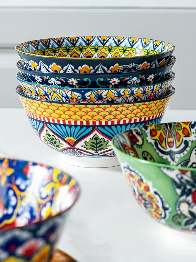 HENXFEN LEAD Boho Ceramic Cereal & Soup Bowls Set of 6, 24 oz | Assorted - Image 7