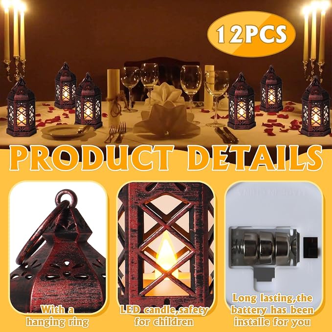 12-Pcs Mini Lanterns, Small Candle Lanterns Decorative, LED Tea Light Lantern - Image 2