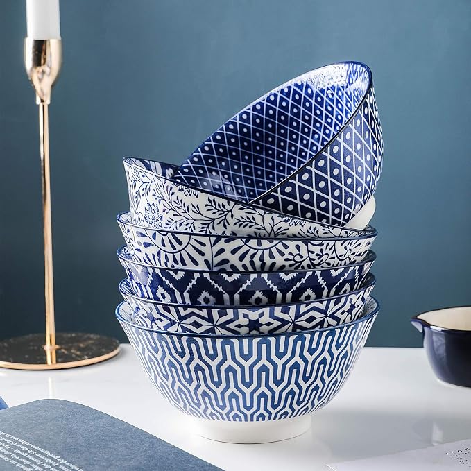 Selamica Blue and White Porcelain 20oz Cereal Bowl Set - Image 5