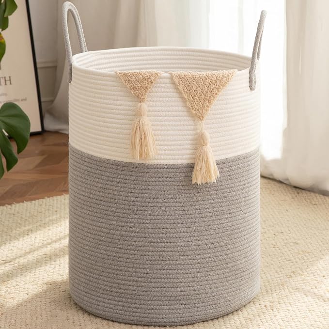 OIAHOMY 60L Nursery Hamper Laundry Basket Laundry Hamper Grey/White | by MasterofSpaceOptimization