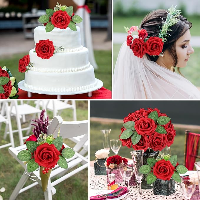 AmyHomie Red Rose 25pcs Real Looking Artificial Flowers w/Stem | Bouquet - Image 6
