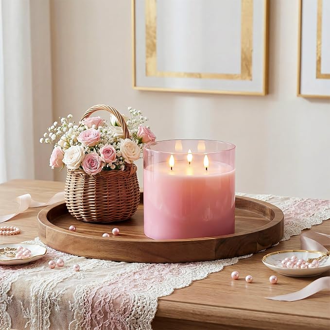 Homemory Pink Large Glass Flameless LED Candle, 3 Wicks, Remote Timer | 6"x6" - Image 2