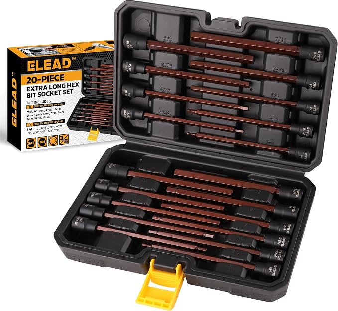 Extra-Long Allen Hex Bit Socket Set: 20-Piece 3/8 Inch Drive, 150mm S2 Steel by ELEAD