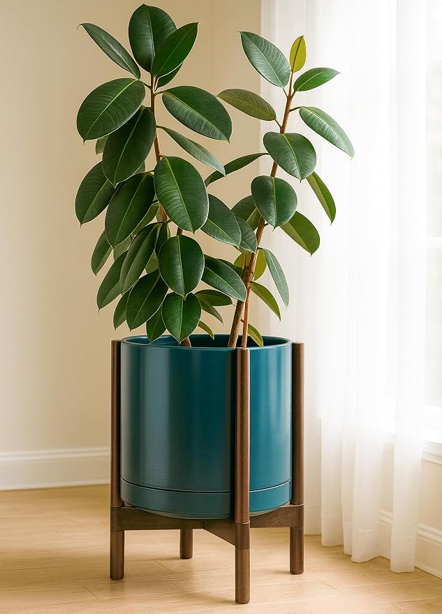 D'vine Dev Ceramic Pot with Walnut Wood Stand, 14 in, 55-B-T-4 | Mid-Century - Image 7