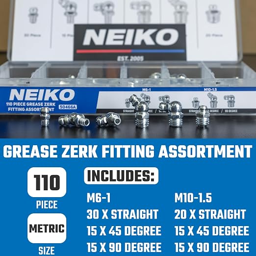 NEIKO 50466A Grease Fitting Assortment, 110 Piece, Straight & Angled Zerk - Image 2