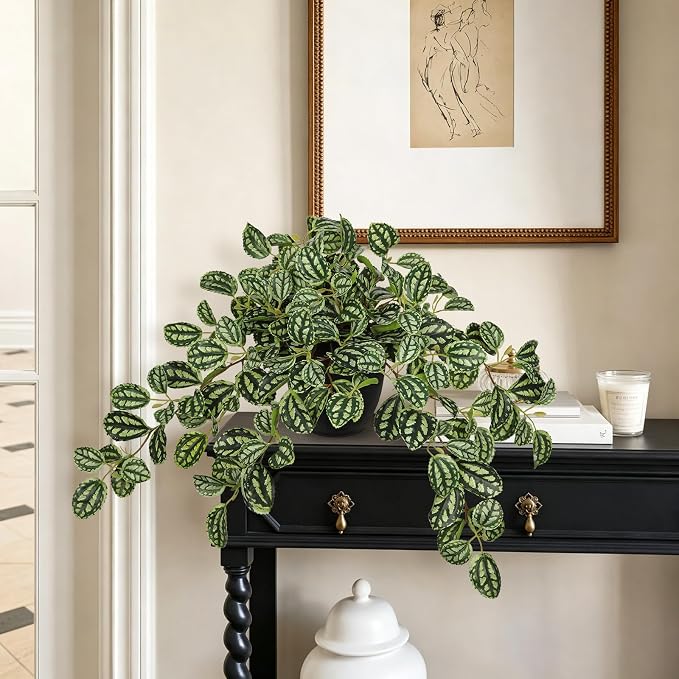 Briful Artificial Potted Plant Indoor, 19.6" Faux Watermelon Peperomia Trailing - Image 4