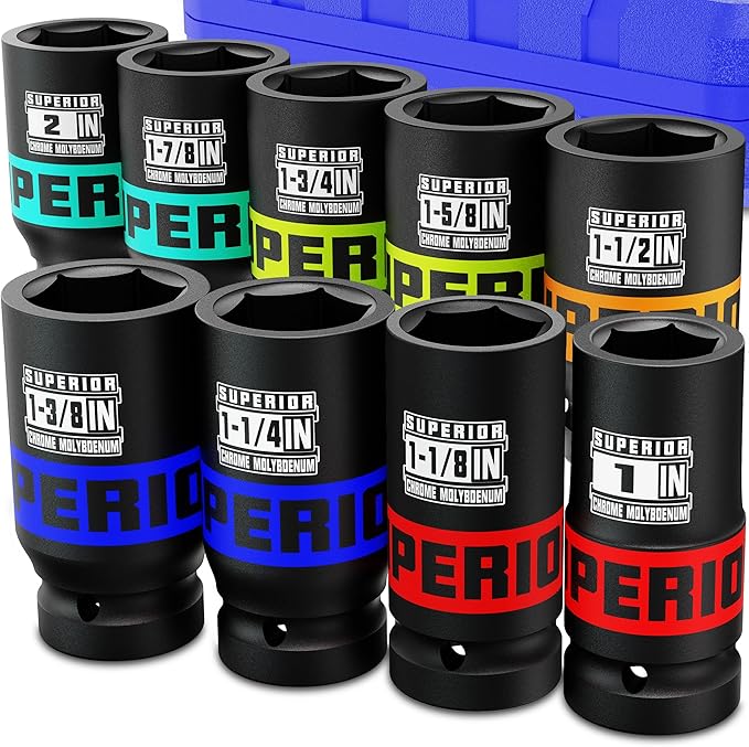 9 Piece 1" Drive Deep Impact Socket Set, Heavy Duty CR-MO, Truck Tire Service by Aiourx