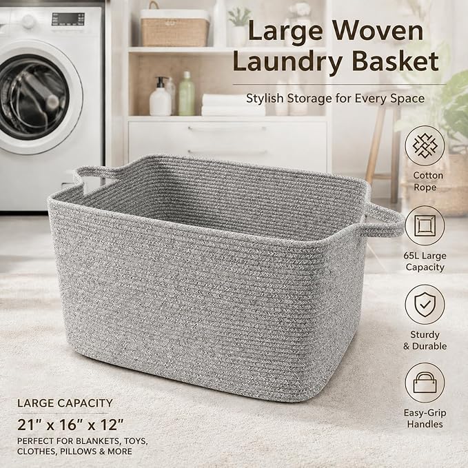 65L Large Laundry Basket with Handles, Woven Blanket Basket, Living Room - Image 4