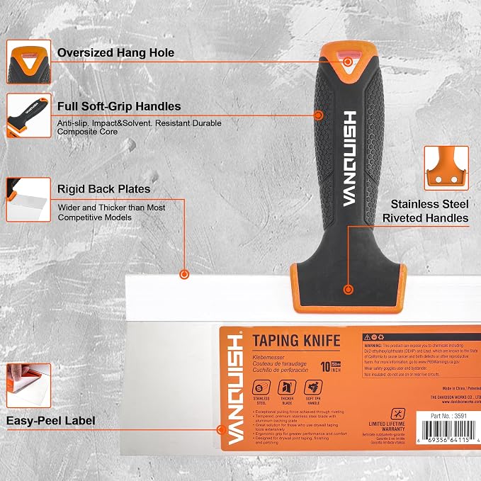 VANQUISH 10 Inch Stainless Steel Drywall Taping Knife Soft Grip Handle - Image 2