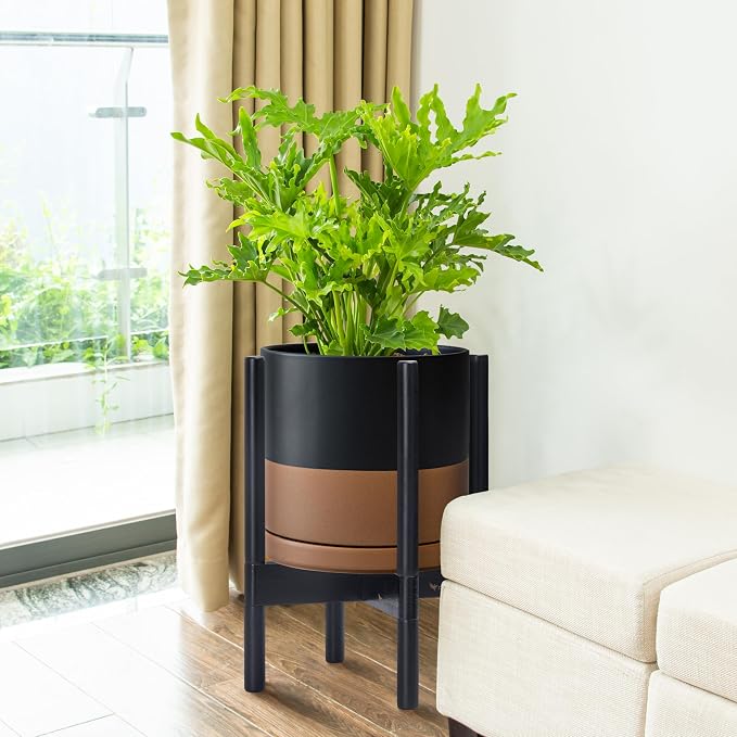 D'vine Dev Ceramic Pot with Ebony Wood Stand, 10 in, 55-B-L-7 | Mid-Century - Image 2