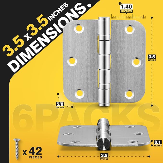 KOLET Ball Bearing Door Hinges, 3.5 Inch, 5/8" Radius, Brushed Nickel, 6 Pack | - Image 2