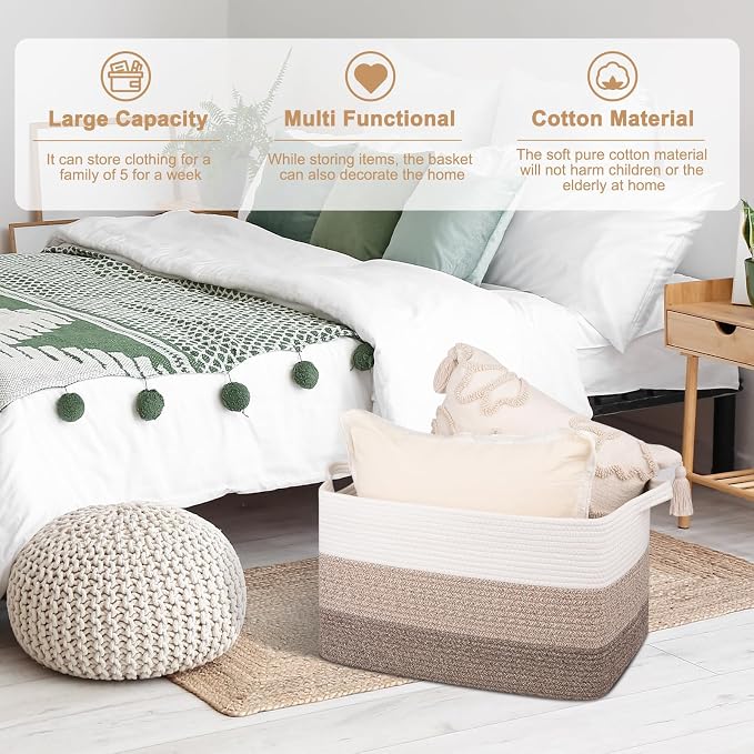 OIAHOMY Large Blanket Basket, 65L Cotton Rope Woven Laundry Basket, Toy Bin - Image 4