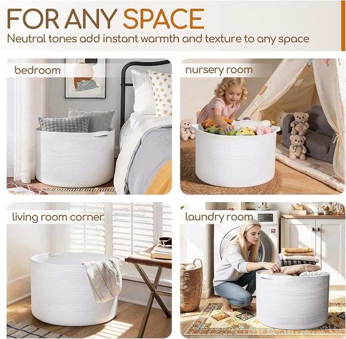White Cotton Rope Storage Basket, XL Soft Toy Bin - Image 8