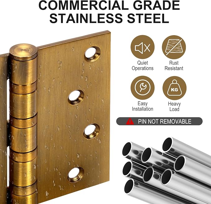 3 Pack 4 Inch Heavy Duty Door Hinges, Stainless Steel, Square and 5/8'' Radius - Image 3