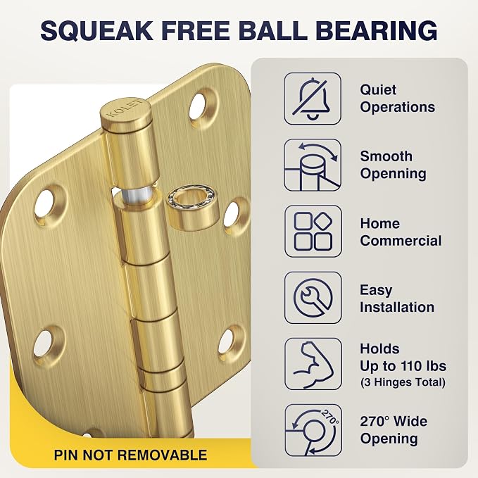 KOLET Ball Bearing Door Hinges, 3.5 Inches, 5/8" Radius Brushed Gold, 3 Pack | - Image 4