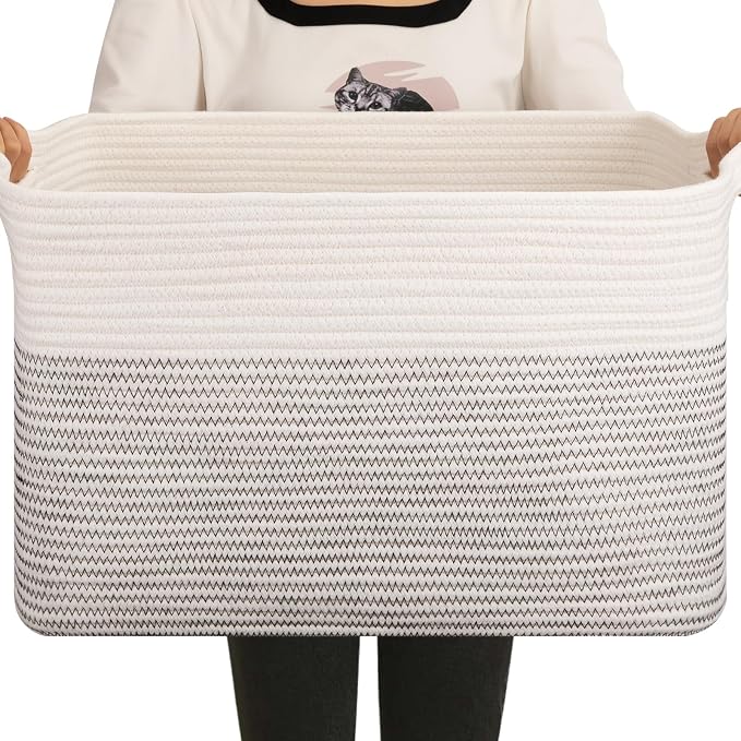 OIAHOMY Large Blanket Basket, 65L Cotton Rope Woven Laundry Basket, Toy Bin by MasterofSpaceOptimization