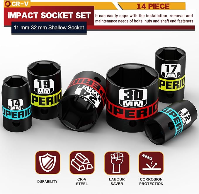 14 Piece 1/2" Drive Impact Socket Set, 11 mm-32 mm Shallow Socket, 6 Point - Image 4