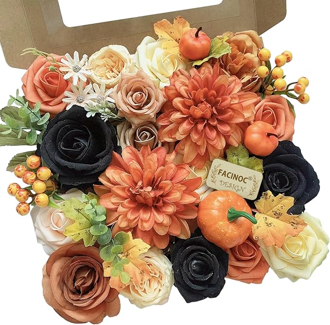 FACINOC Roses Artificial Flowers Fall Orange Black Bouquet Combo by FACINOC