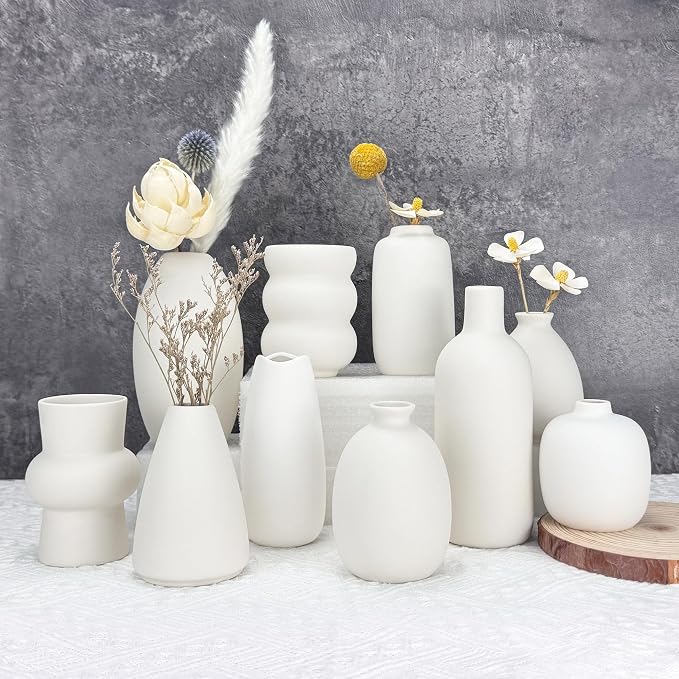 White Vases Set of 10, Small Ceramic Flower Vases Bulk Bud Vases by XunsigaPremiumGlassware