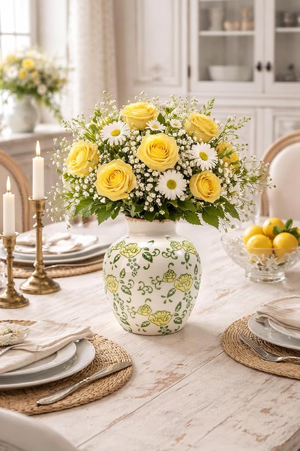 SIDUCAL Ceramic Vintage Vase, 5.83 Inch Yellow Rose Chinoiserie Floral Vase - Image 6