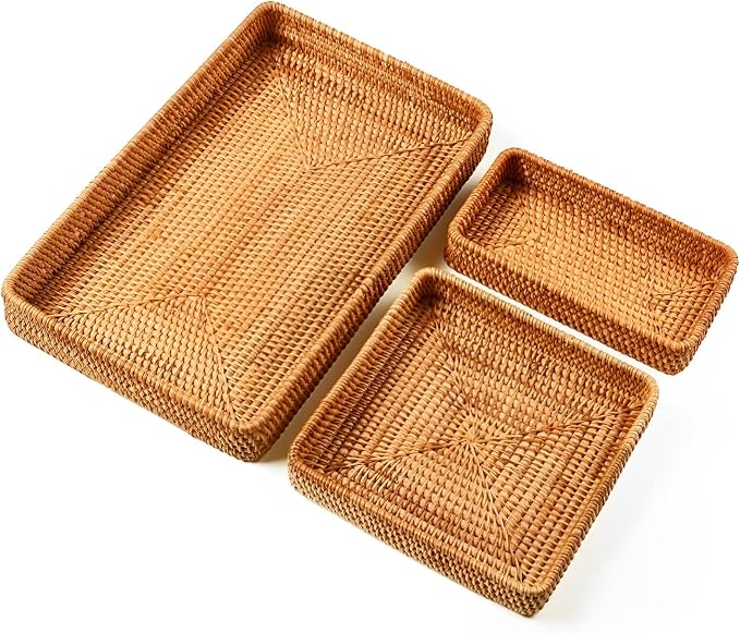 i-lan Rattan Serving Tray Set of 3, Rectangular Wicker Trays, Natural Brown | by ilan