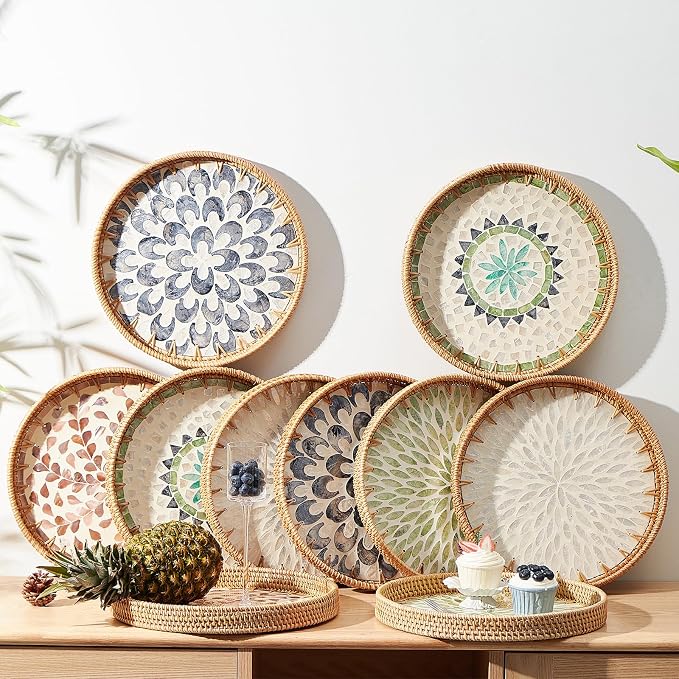 Round Rattan Tray with Mother of Pearl Inlay, Rattan Serving Tray with Wooden - Image 5