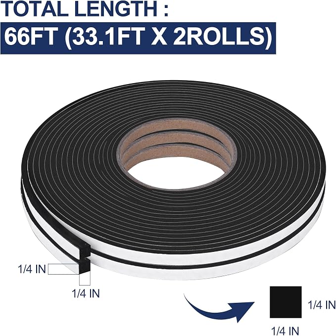 66Ft Foam Tapes Self Adhesive Foam Seal Strips 1/4In x 1/4In x 33.1Ft Each Roll - Image 2