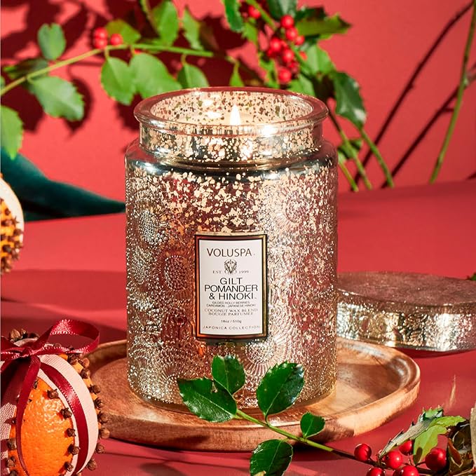 Gilt Pomander Hinoki, Large Candle Jar, 18 oz, 100 Hour Burn Time, Coconut Wax - Image 2